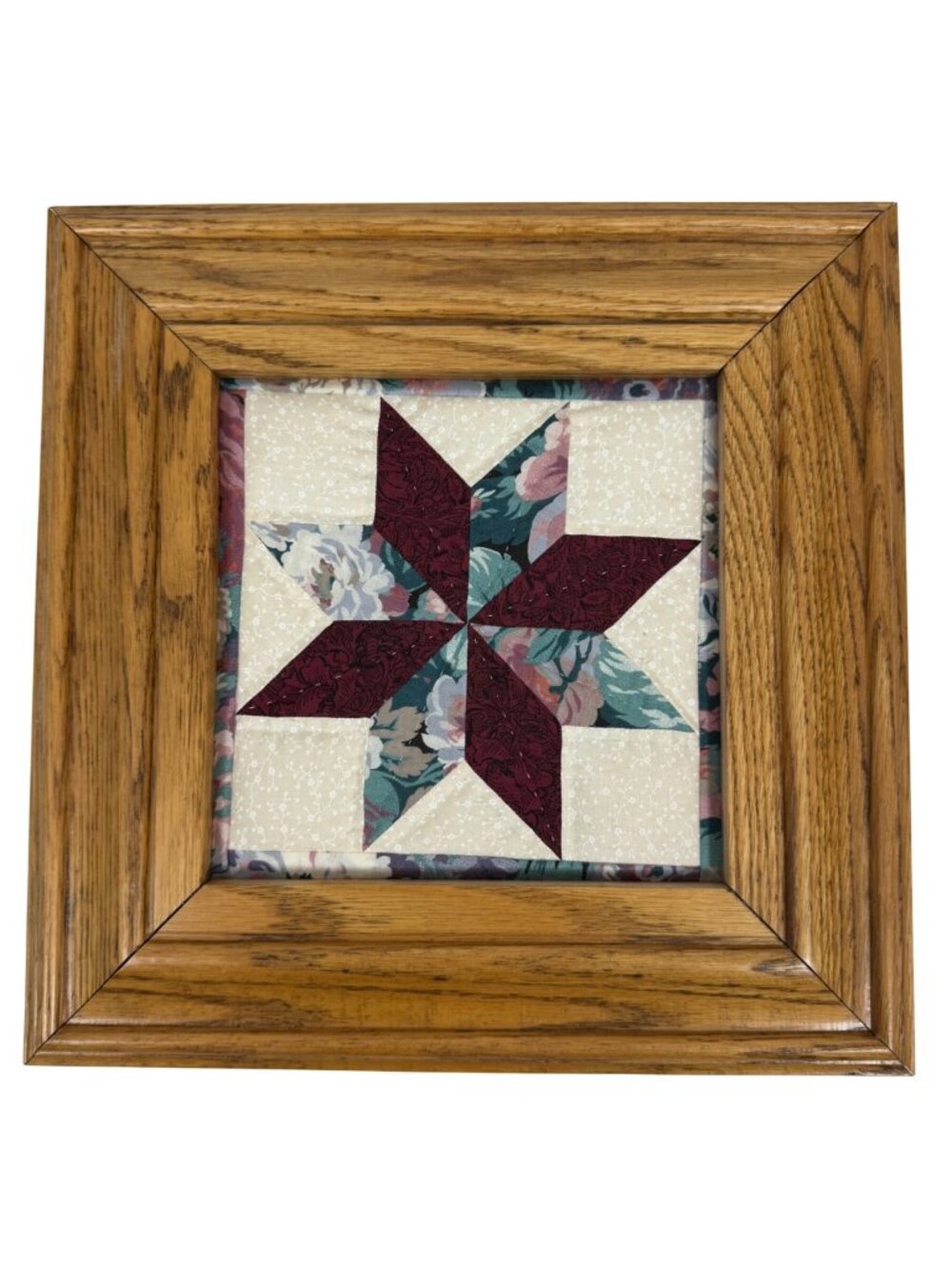 Handcrafted Floral 8 Pointed Star Quilt Block Wall Art Wood Frame 13" x 13"